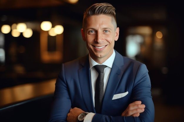 Smiling man in a blue suit with crossed arms in a dimly lit room.